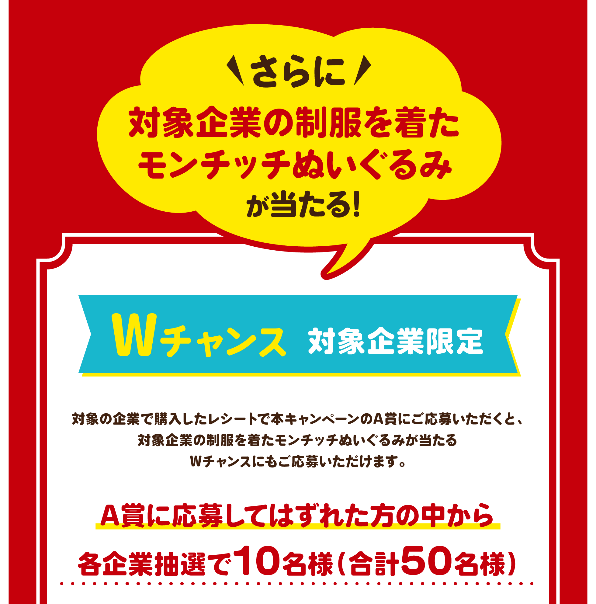 さらに対象企業の制服を着たモンチッチぬいぐるみが当たる!A賞に応募してはずれた方の中から各企業抽選で10名様（合計50名様）